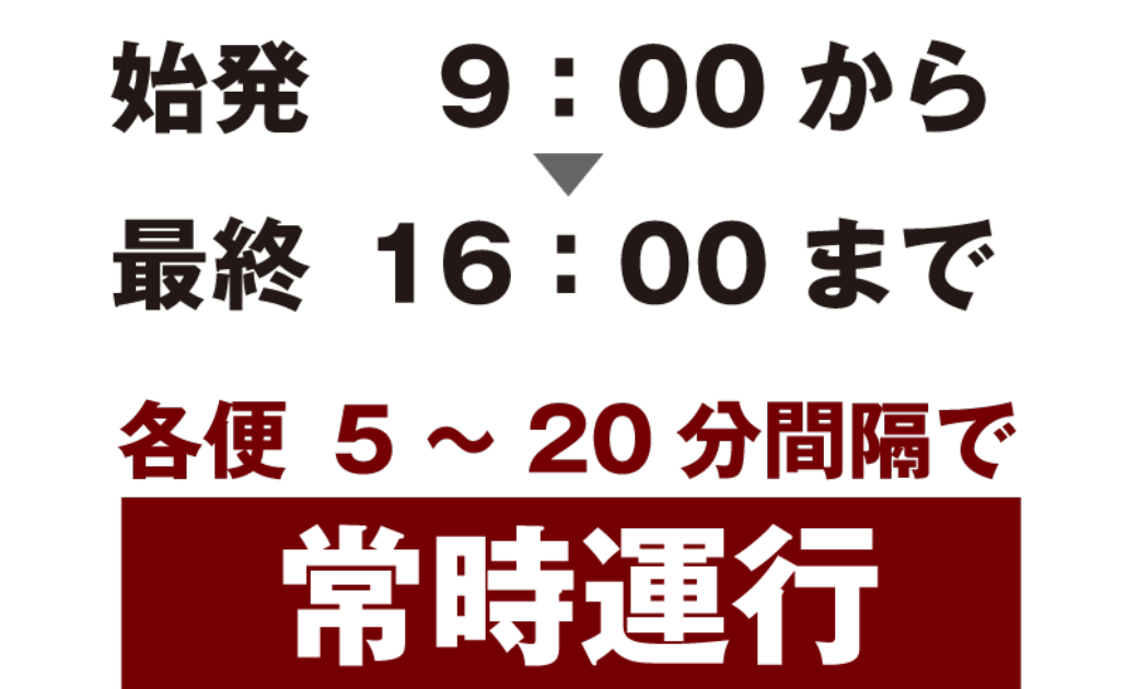 始発9:00から最終16:00まで 各便5～20分間隔で常時運行