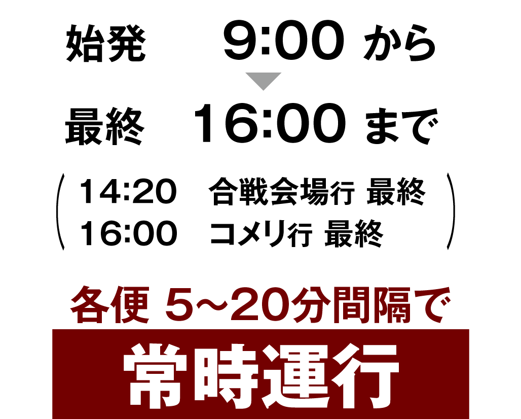 始発9:00から最終16:00まで 各便5～20分間隔で常時運行